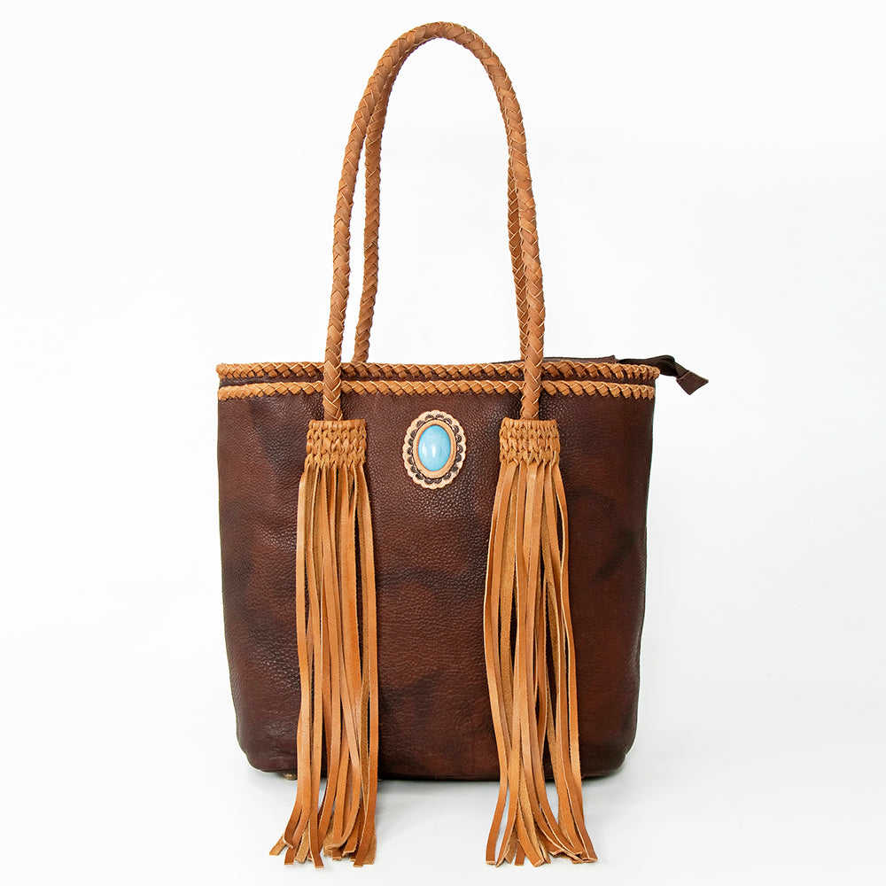 LC-ADBGD128B Brown Leather Tote Bag with Turquoise Concho & Braided Fringe Handles