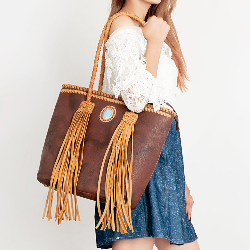 LC-ADBGD128B Brown Leather Tote Bag with Turquoise Concho & Braided Fringe Handles