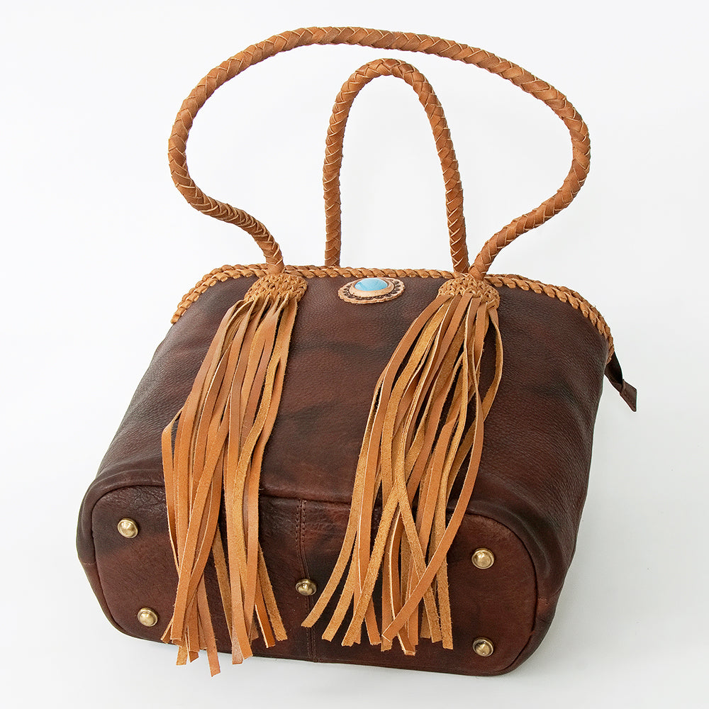 LC-ADBGD128B Brown Leather Tote Bag with Turquoise Concho & Braided Fringe Handles
