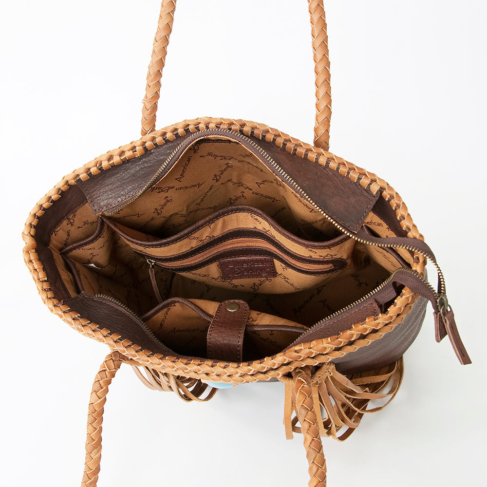 LC-ADBGD128B Brown Leather Tote Bag with Turquoise Concho & Braided Fringe Handles