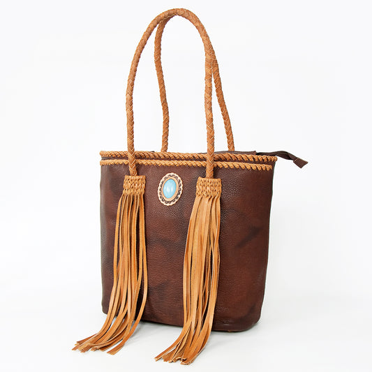 LC-ADBGD128B Brown Leather Tote Bag with Turquoise Concho & Braided Fringe Handles