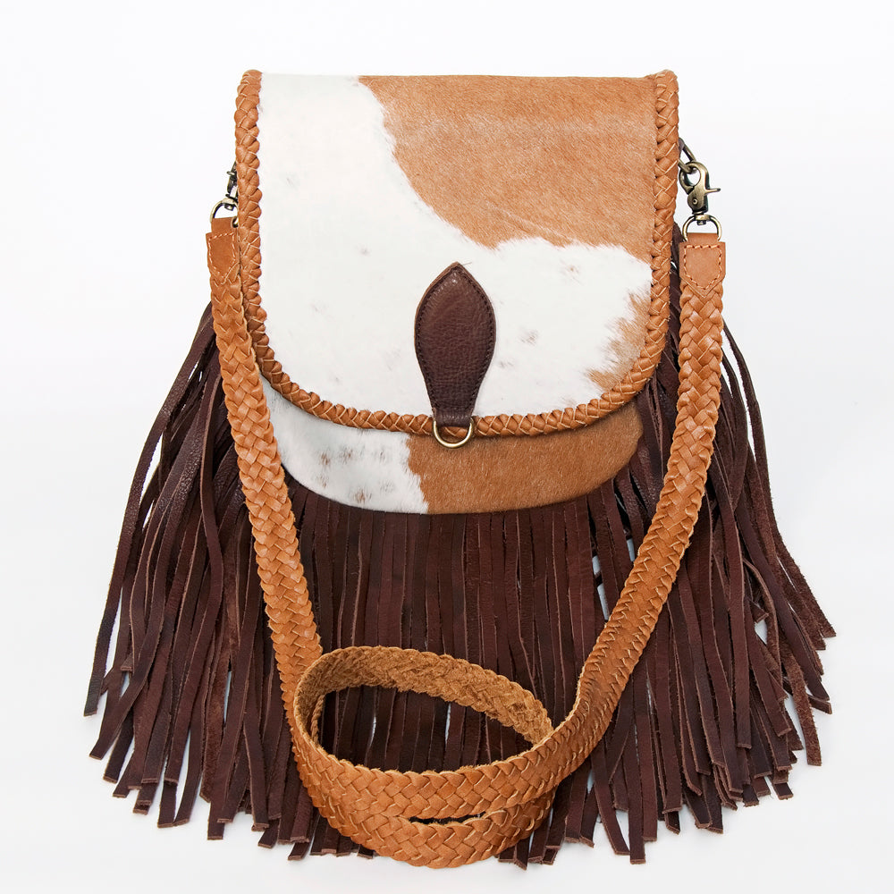 ADBGD129 Cowhide Crossbody Bag with Fringe & Braided Leather Strap - Western Style
