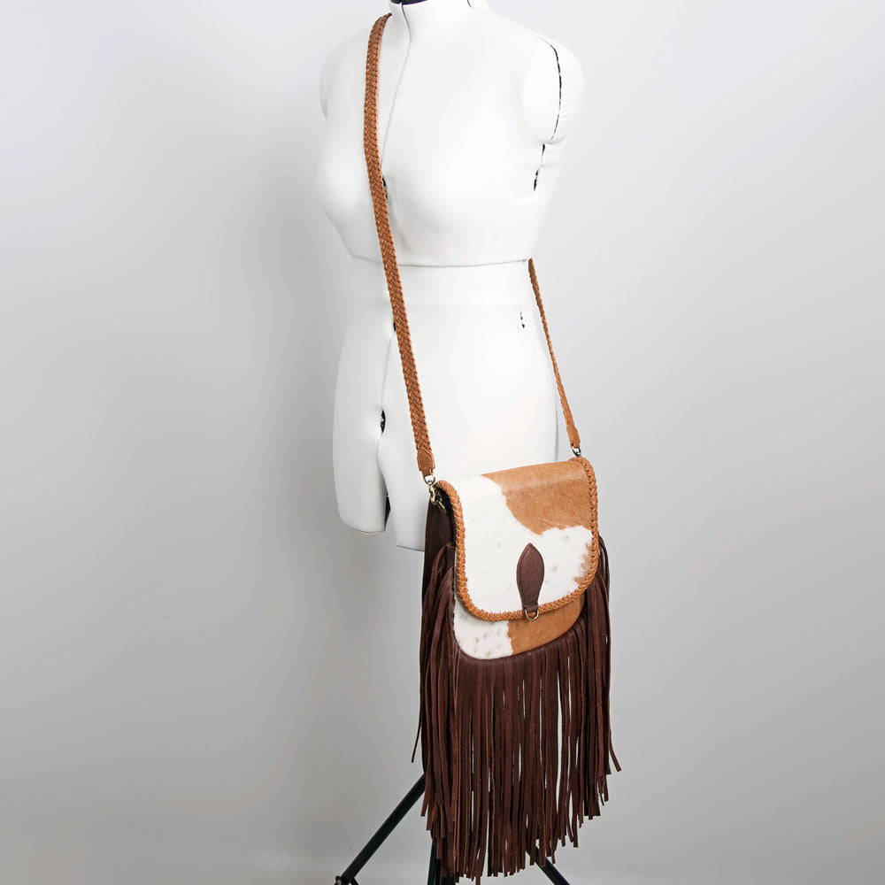 ADBGD129 Cowhide Crossbody Bag with Fringe & Braided Leather Strap - Western Style
