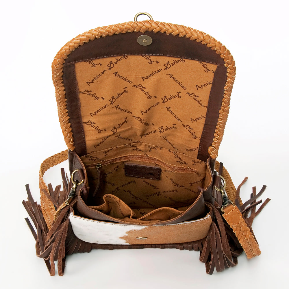ADBGD129 Cowhide Crossbody Bag with Fringe & Braided Leather Strap - Western Style