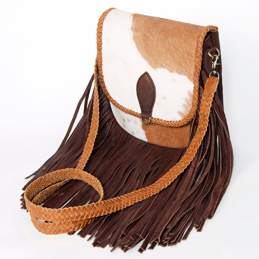 ADBGD129 Cowhide Crossbody Bag with Fringe & Braided Leather Strap - Western Style