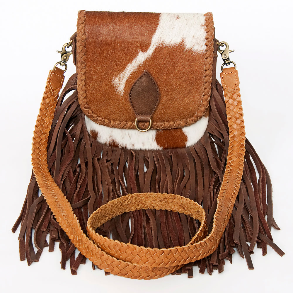 ADBGD129 Cowhide Crossbody Bag with Fringe & Braided Leather Strap - Western Style