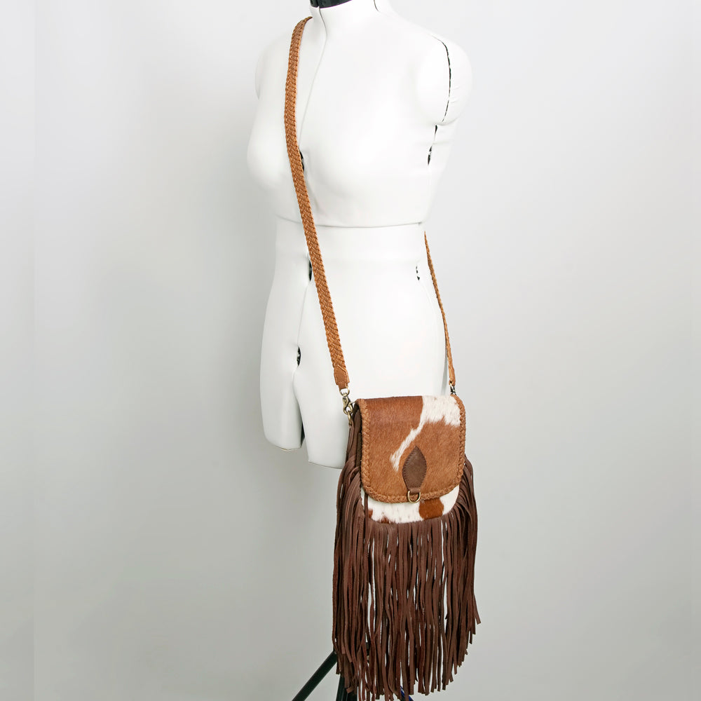 ADBGD129 Cowhide Crossbody Bag with Fringe & Braided Leather Strap - Western Style