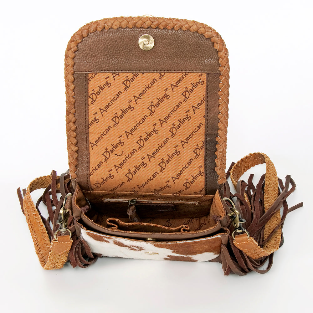 ADBGD129 Cowhide Crossbody Bag with Fringe & Braided Leather Strap - Western Style
