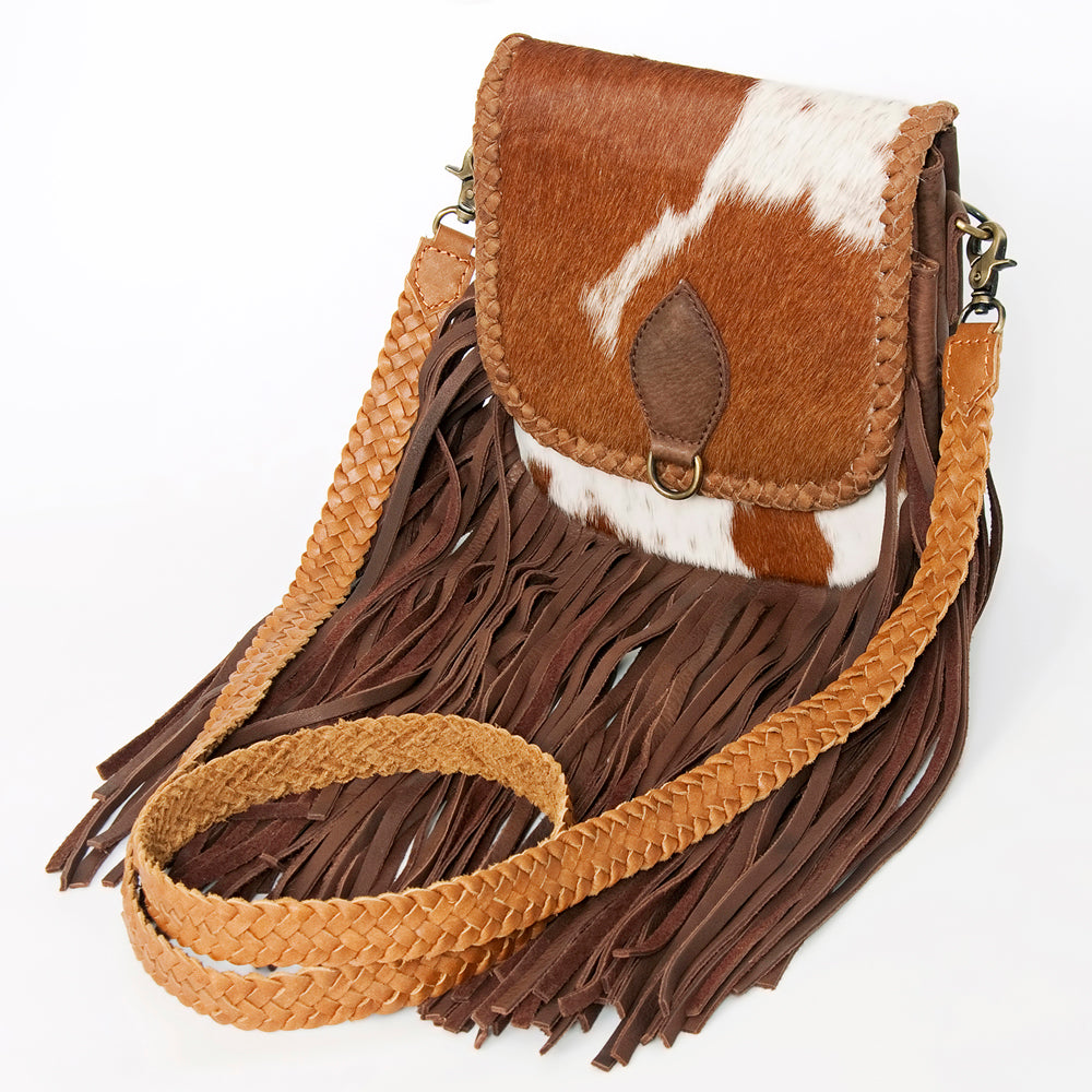 ADBGD129 Cowhide Crossbody Bag with Fringe & Braided Leather Strap - Western Style