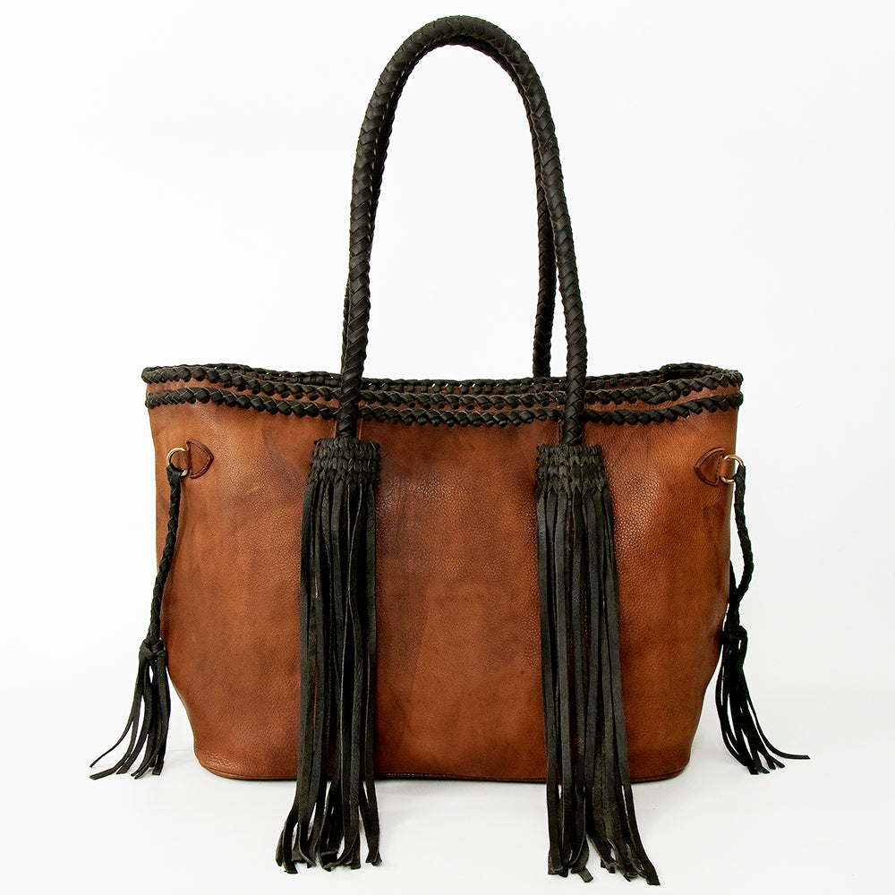 ADBGD132 Leather Western Tote Bag with Braided Fringe & Handles - Handmade Boho Style