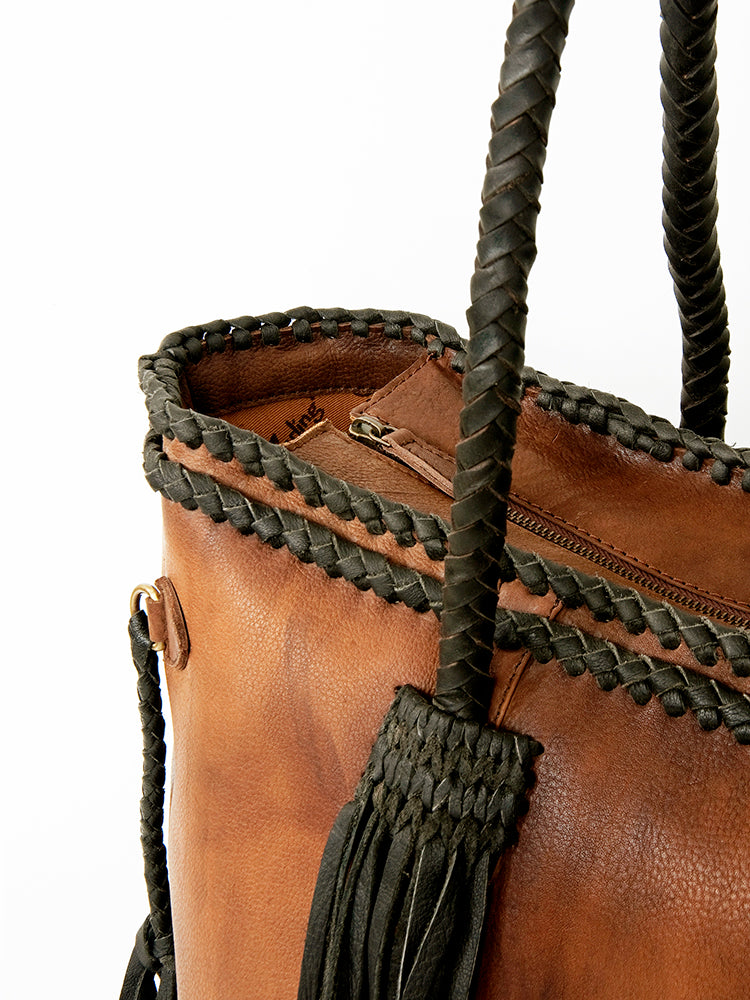 ADBGD132 Leather Western Tote Bag with Braided Fringe & Handles - Handmade Boho Style