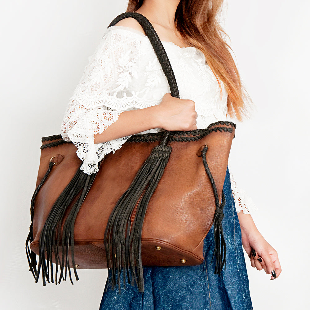 ADBGD132 Leather Western Tote Bag with Braided Fringe & Handles - Handmade Boho Style