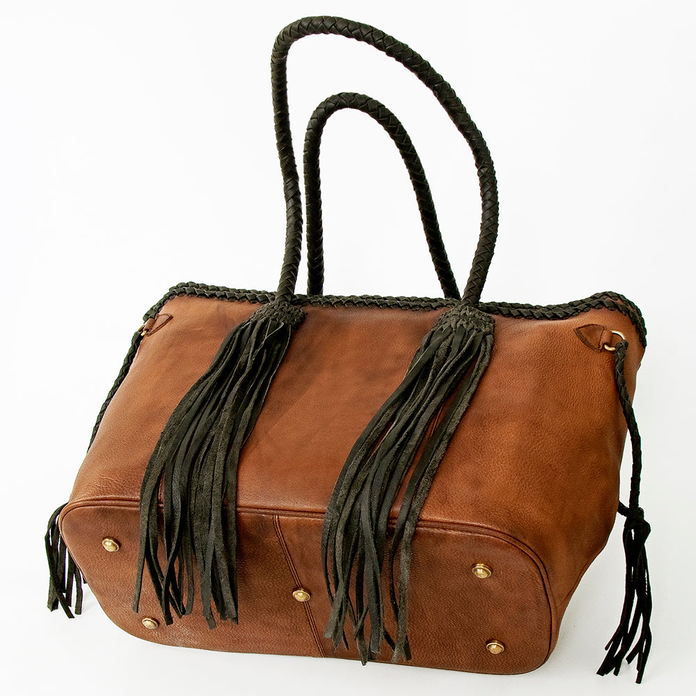 ADBGD132 Leather Western Tote Bag with Braided Fringe & Handles - Handmade Boho Style