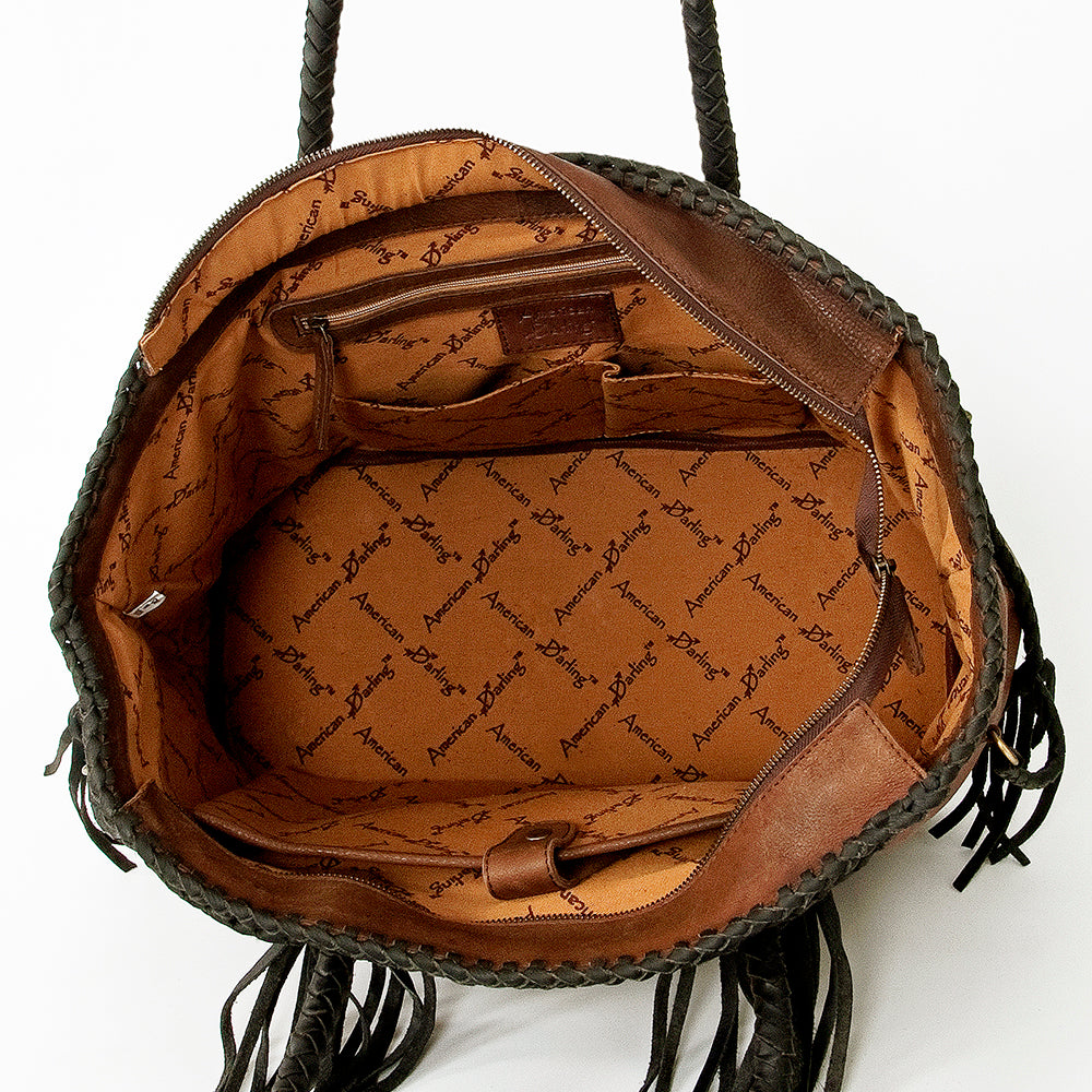 ADBGD132 Leather Western Tote Bag with Braided Fringe & Handles - Handmade Boho Style