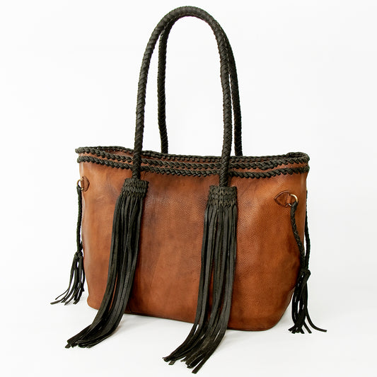 ADBGD132 Leather Western Tote Bag with Braided Fringe & Handles - Handmade Boho Style