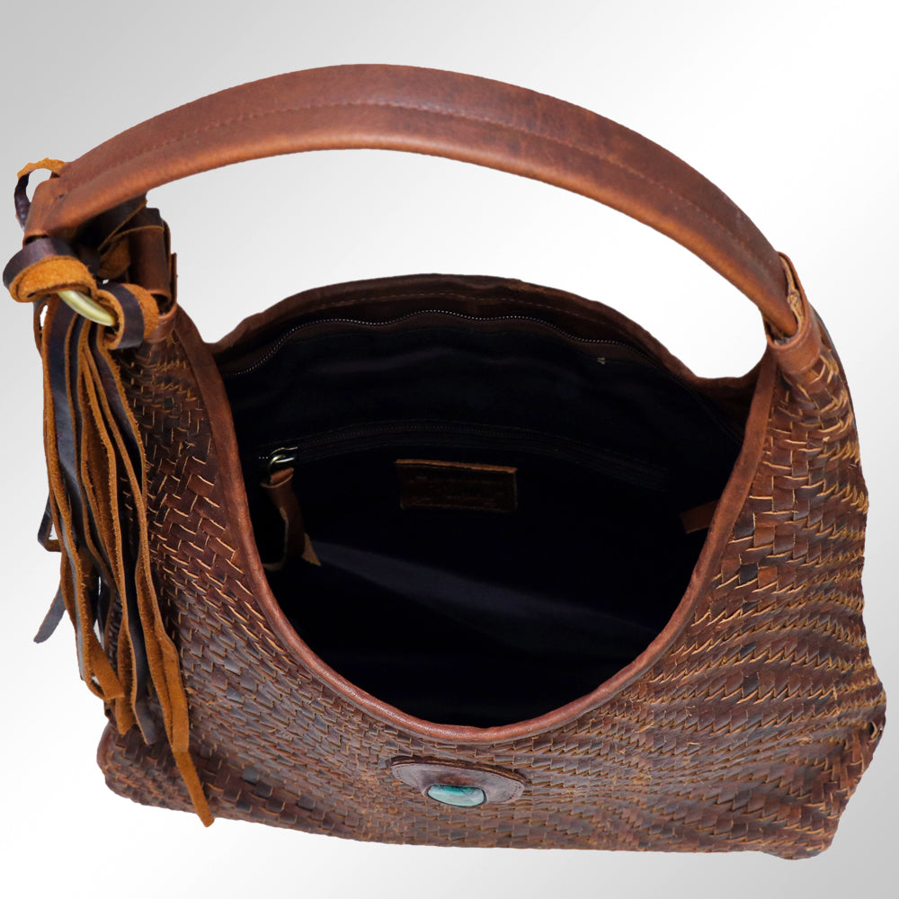 LC-ADBGM153 Woven Genuine Leather Hobo Bag with Turquoise Concho & Tassel - Western Style
