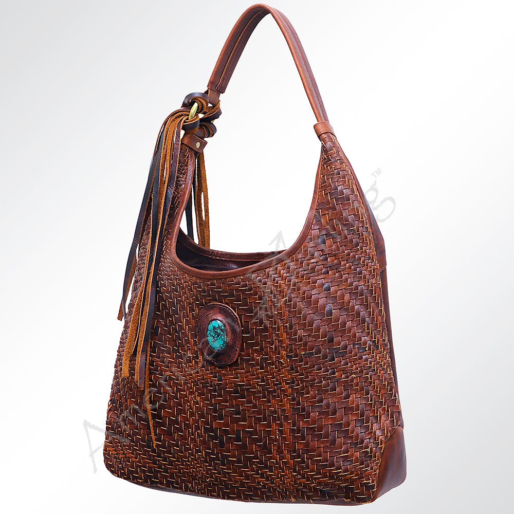 LC-ADBGM153 Woven Genuine Leather Hobo Bag with Turquoise Concho & Tassel - Western Style