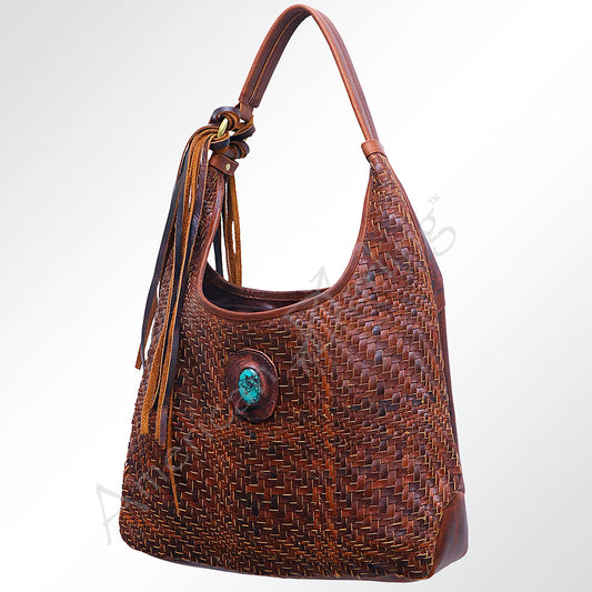 LC-ADBGM153 Woven Genuine Leather Hobo Bag with Turquoise Concho & Tassel - Western Style