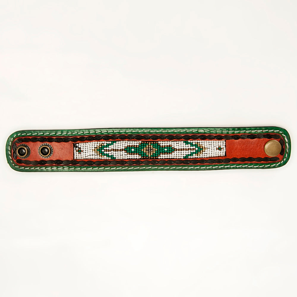 LC-ADBRF139 Beaded Leather Cuff Bracelet - Green Western Pattern with Saddle Tan Leather