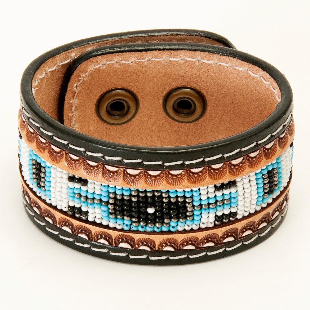 LC-ADBRF140 Beaded Leather Cuff Bracelet - Turquoise & Black Geometric Pattern on Tan Leather
