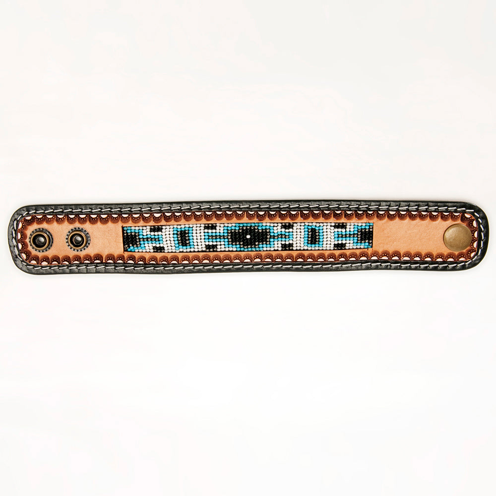 LC-ADBRF140 Beaded Leather Cuff Bracelet - Turquoise & Black Geometric Pattern on Tan Leather