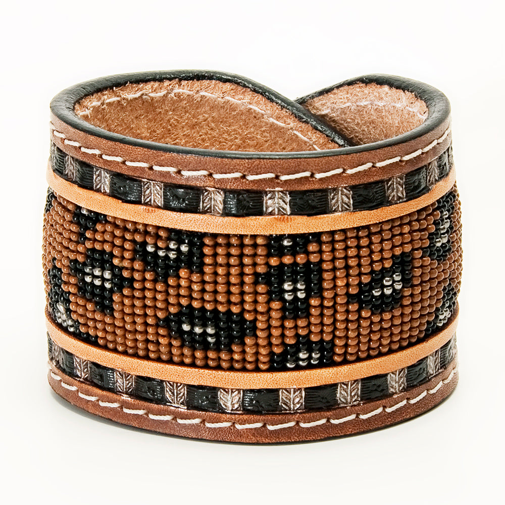 LC-ADBRF141 Beaded Leather Cuff Bracelet - Leopard Print Design on Tan Leather