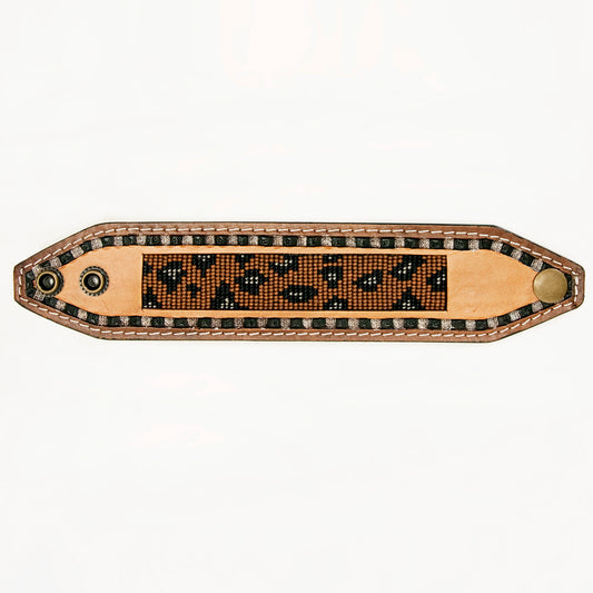 LC-ADBRF141 Beaded Leather Cuff Bracelet - Leopard Print Design on Tan Leather