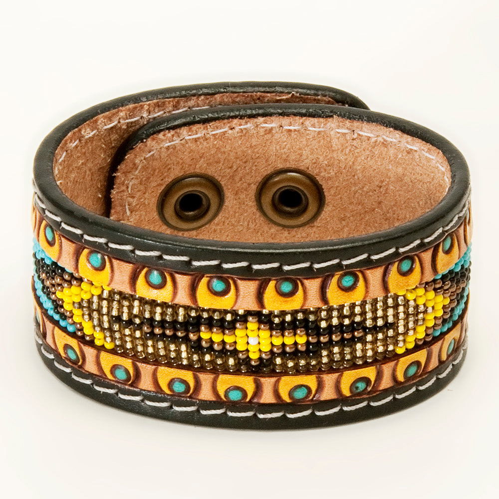 LC-ADBRF142 Beaded Leather Cuff Bracelet - Turquoise & Yellow Tribal Design with Eyelet Tooling