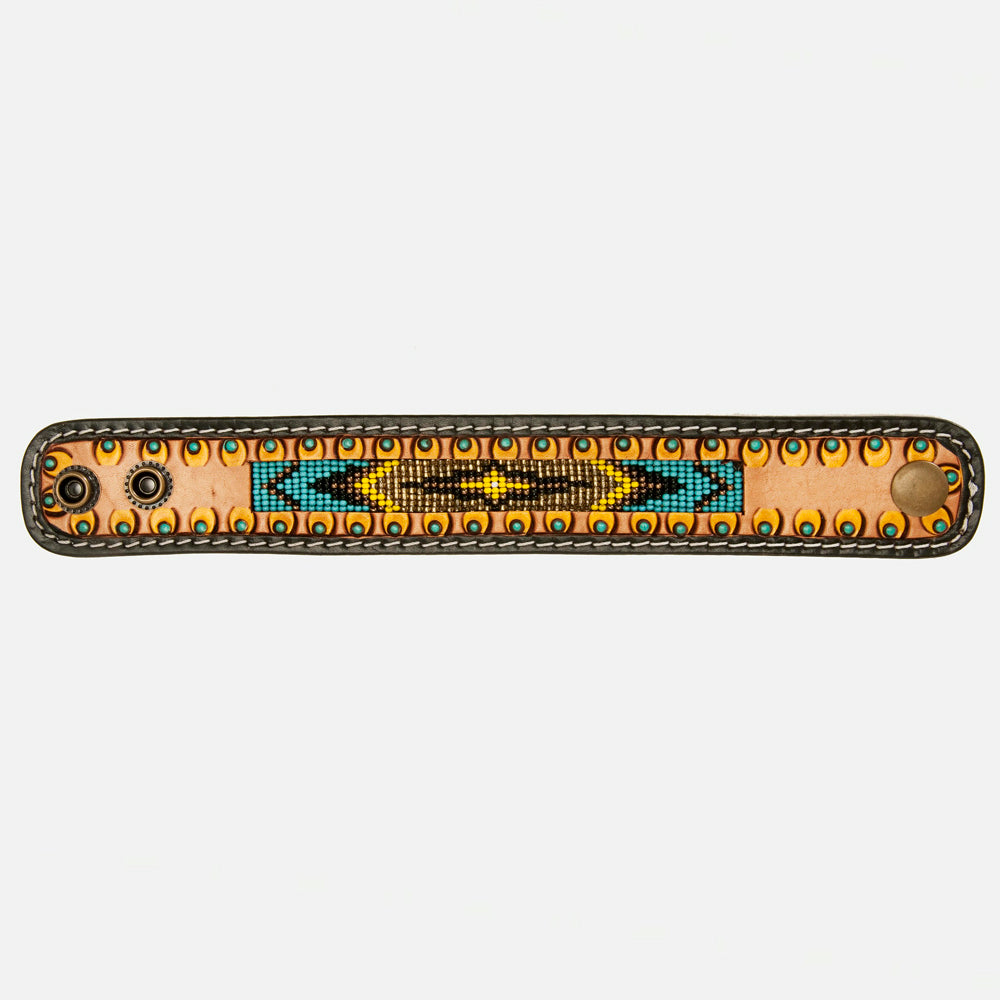 LC-ADBRF142 Beaded Leather Cuff Bracelet - Turquoise & Yellow Tribal Design with Eyelet Tooling