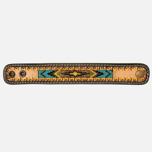 LC-ADBRF142 Beaded Leather Cuff Bracelet - Turquoise & Yellow Tribal Design with Eyelet Tooling