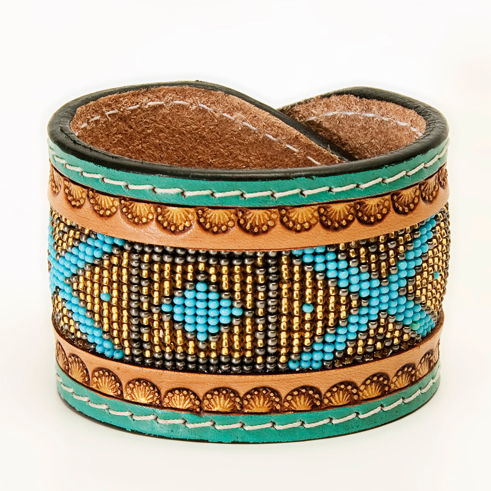 LC-ADBRF144 Beaded Leather Cuff Bracelet - Turquoise & Gold Tribal Pattern with Green Whipstitch