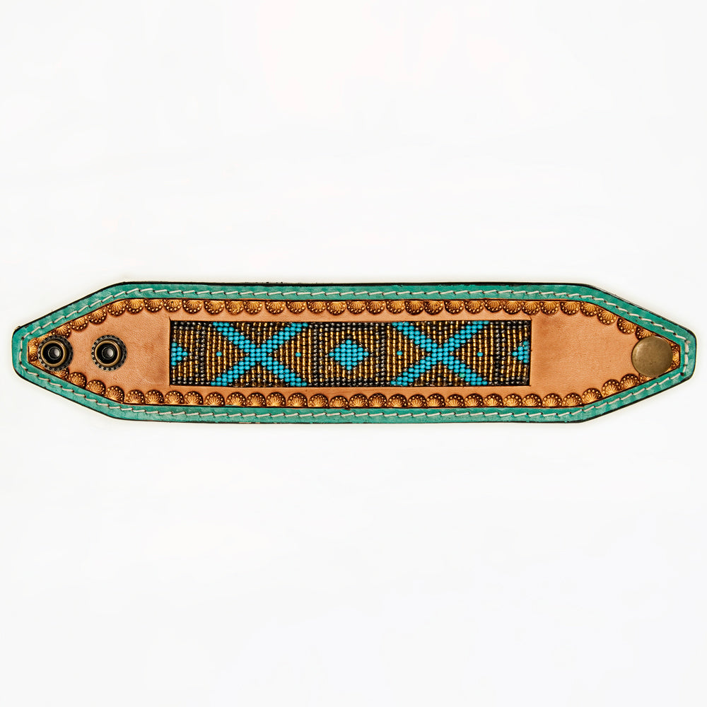 LC-ADBRF144 Beaded Leather Cuff Bracelet - Turquoise & Gold Tribal Pattern with Green Whipstitch