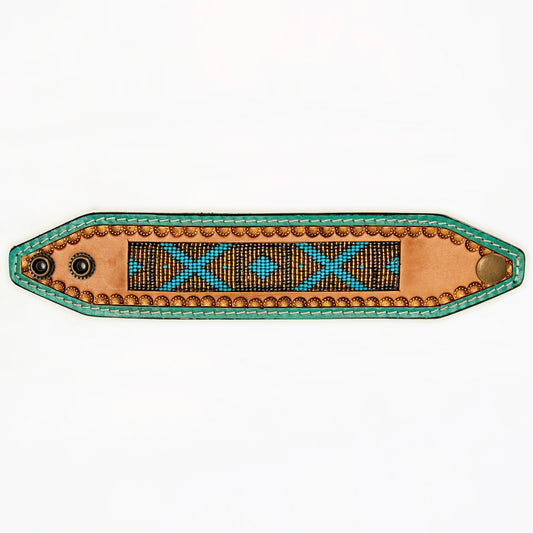 LC-ADBRF144 Beaded Leather Cuff Bracelet - Turquoise & Gold Tribal Pattern with Green Whipstitch