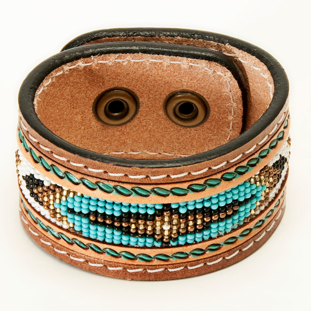 ADBRF145 Beaded Leather Cuff Bracelet - Turquoise Southwestern Pattern on Natural Tan Leather