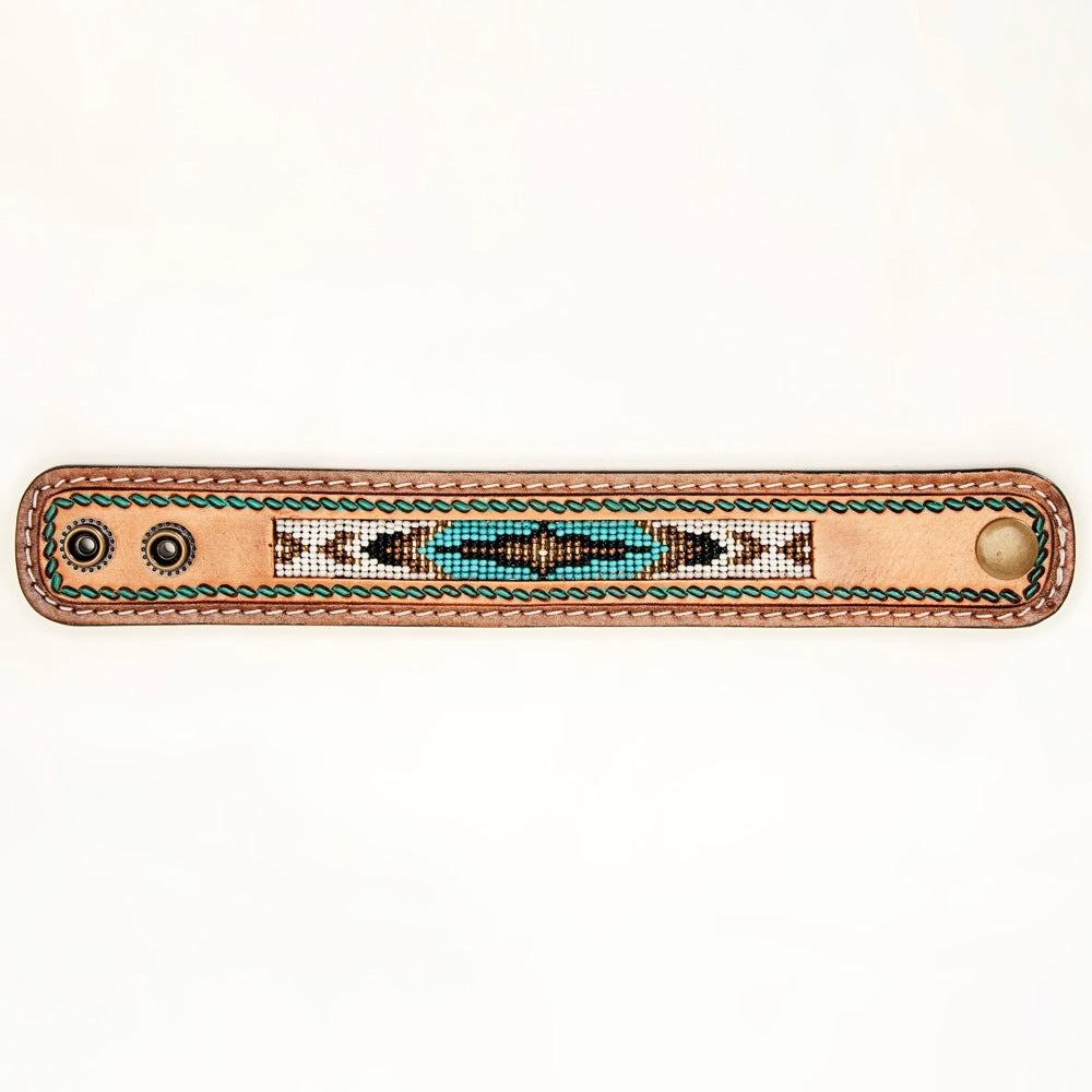 ADBRF145 Beaded Leather Cuff Bracelet - Turquoise Southwestern Pattern on Natural Tan Leather