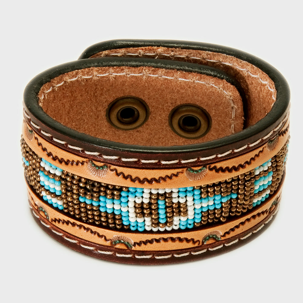 LC-ADBRF146 Beaded Leather Cuff Bracelet - Turquoise & White Tribal Pattern with Zigzag Tooling