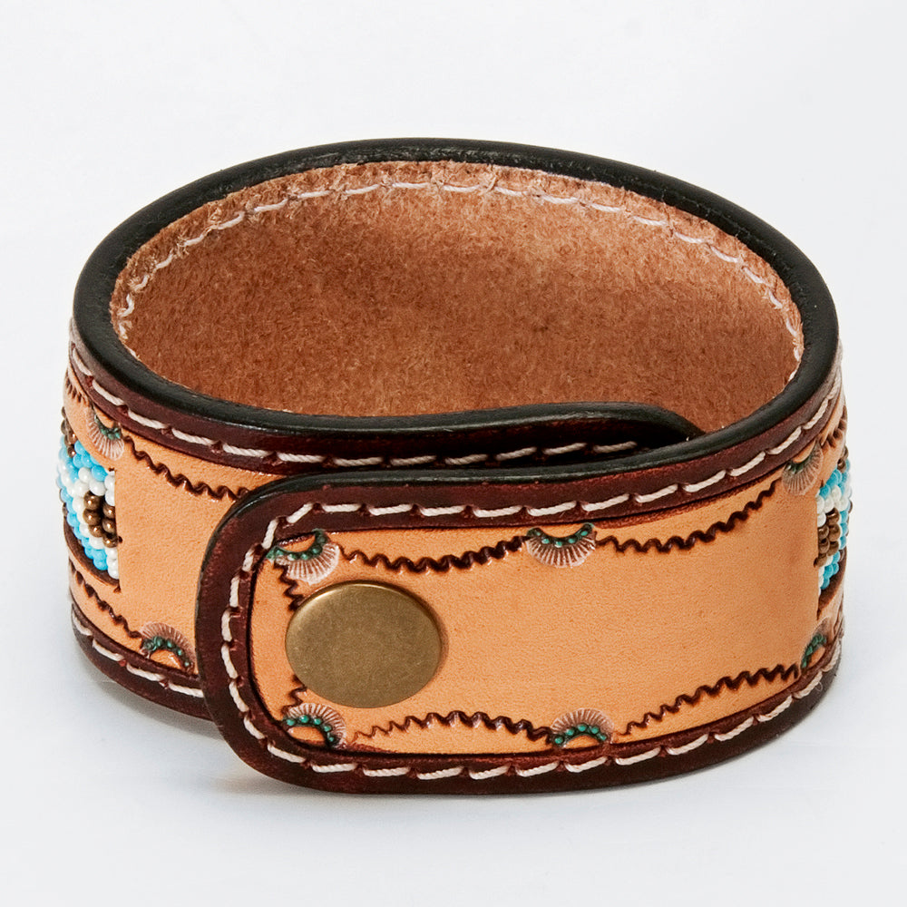 LC-ADBRF146 Beaded Leather Cuff Bracelet - Turquoise & White Tribal Pattern with Zigzag Tooling