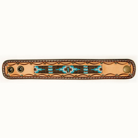 LC-ADBRF146 Beaded Leather Cuff Bracelet - Turquoise & White Tribal Pattern with Zigzag Tooling