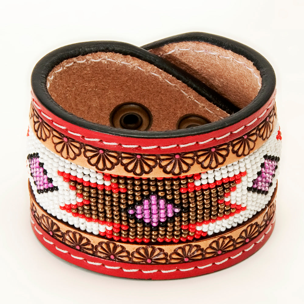 LC-ADBRF147 Beaded Leather Cuff Bracelet - Red & Pink Southwestern Pattern with Floral Tooling