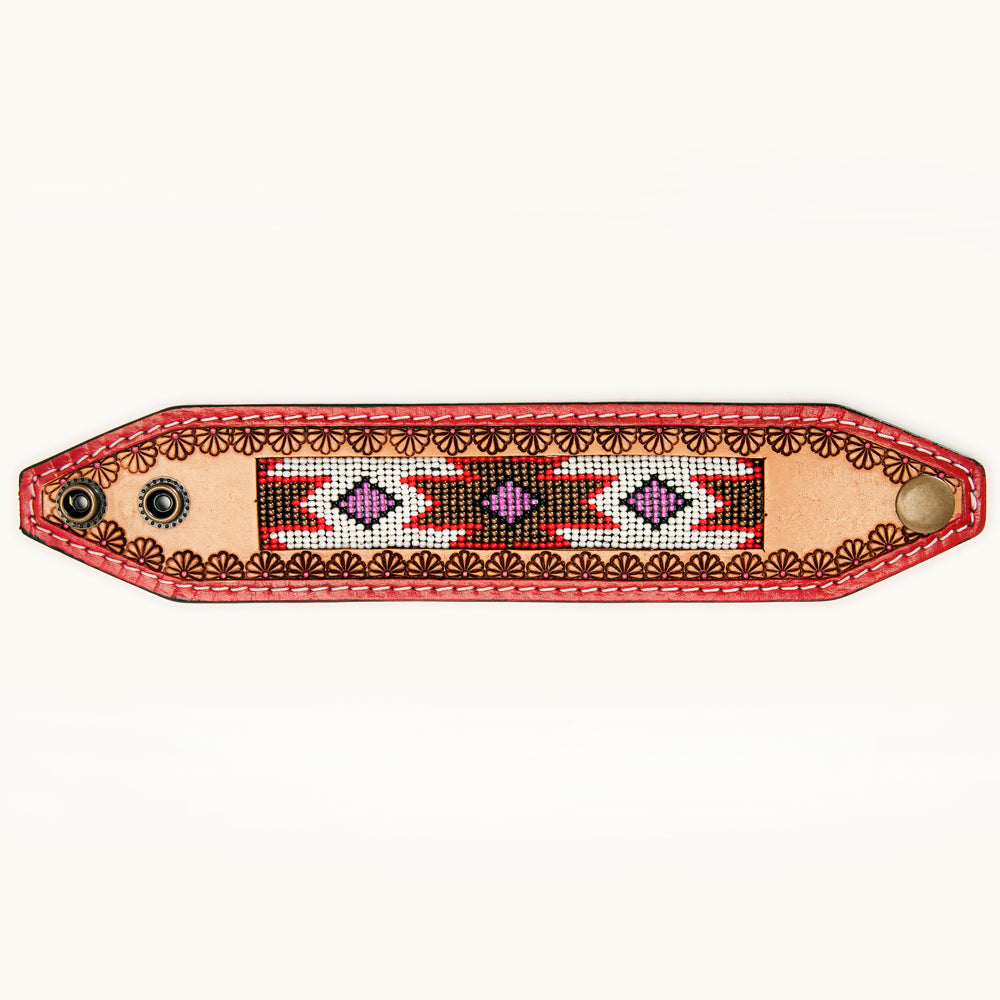 LC-ADBRF147 Beaded Leather Cuff Bracelet - Red & Pink Southwestern Pattern with Floral Tooling