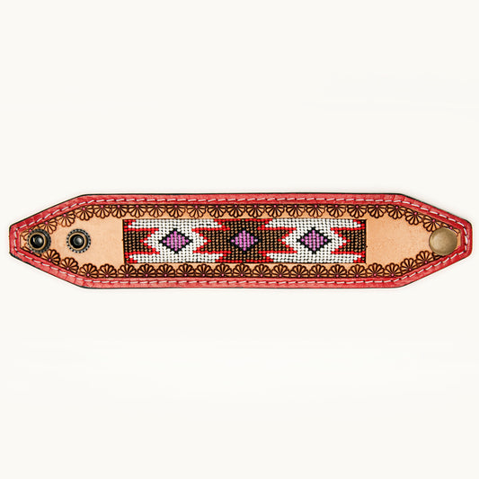 LC-ADBRF147 Beaded Leather Cuff Bracelet - Red & Pink Southwestern Pattern with Floral Tooling