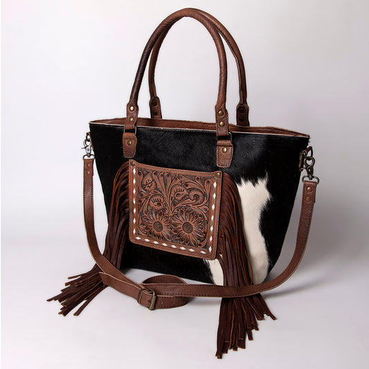 LC-ADBG663 Hair-On Cowhide Tote Bag with Tooled Leather Front Pocket & Fringe Accents
