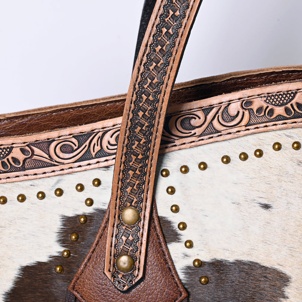 ADBGI159 Fringe Hair-On Cowhide Western Tote - Tooled Leather & Studded Accents