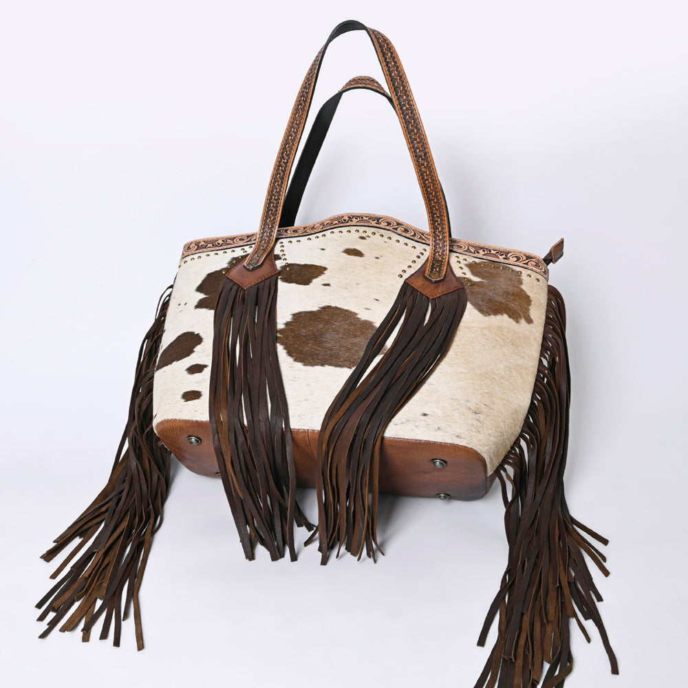 ADBGI159 Fringe Hair-On Cowhide Western Tote - Tooled Leather & Studded Accents