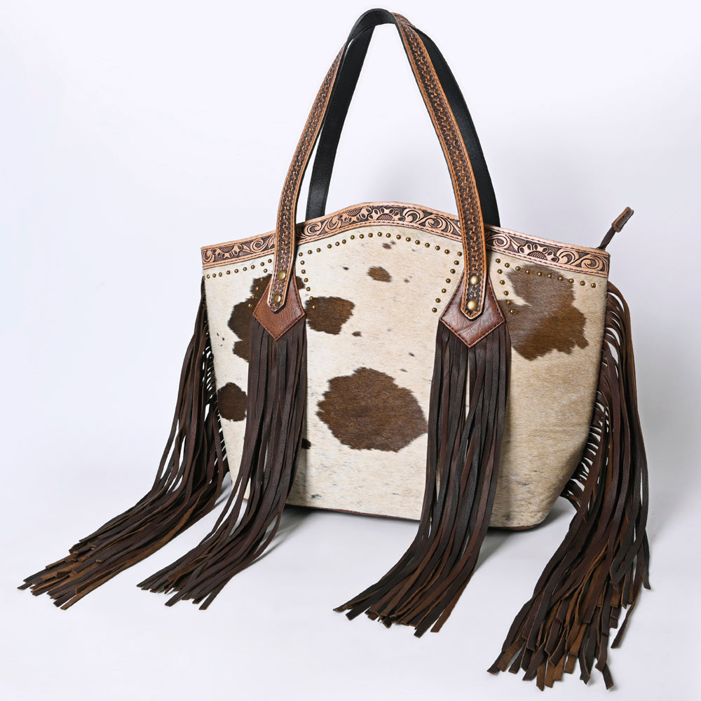 ADBGI159 Fringe Hair-On Cowhide Western Tote - Tooled Leather & Studded Accents