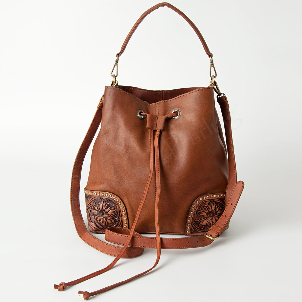 LC-ADBGI162 Western Leather Hobo Bag - Tooled Corners with Drawstring Closure