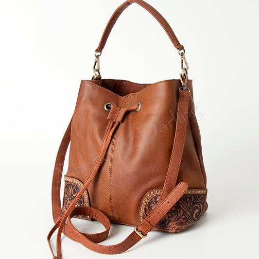 LC-ADBGI162 Western Leather Hobo Bag - Tooled Corners with Drawstring Closure