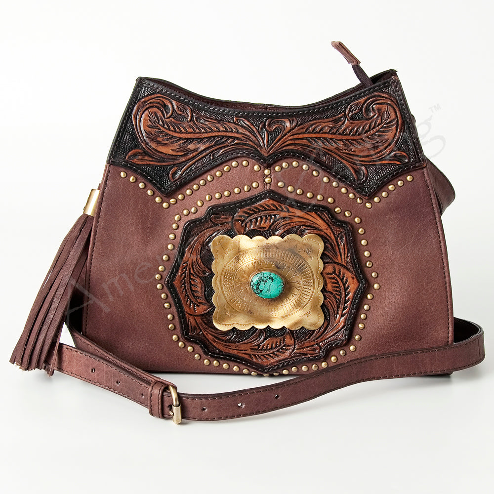 LC-ADBGI165A Tooled Western Leather Bag - Turquoise Concho & Stud Detail