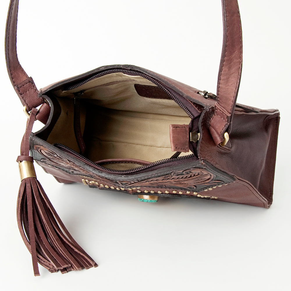 LC-ADBGI165A Tooled Western Leather Bag - Turquoise Concho & Stud Detail