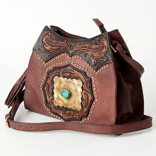 LC-ADBGI165A Tooled Western Leather Bag - Turquoise Concho & Stud Detail